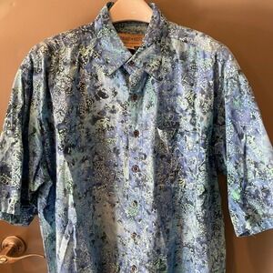 Johari West Mens XLT Batik Shirt Blue Green Tropical Floral Cotton Short Sleeve